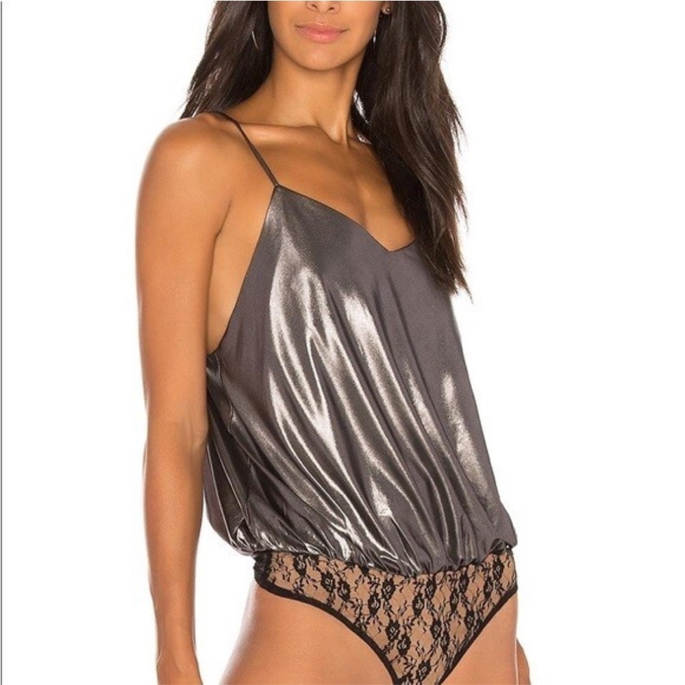 Free People Metallic Foil Bodysuit Lace Cami Silver Medium Intimately FP - Picture 3 of 8